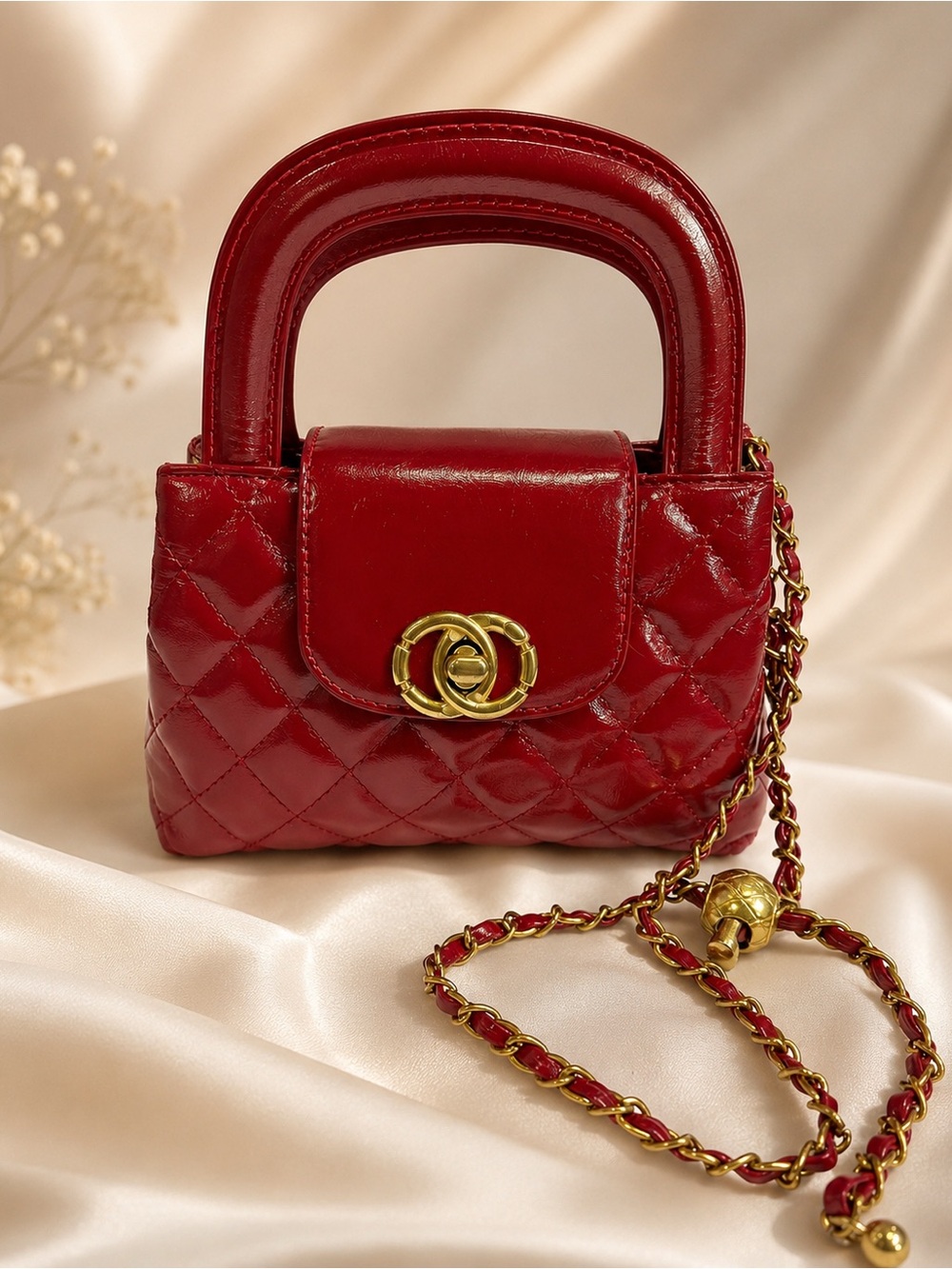 🆕😍Red Quilted Mini Top-Handle Cross Body Bag in with Gold Hardware